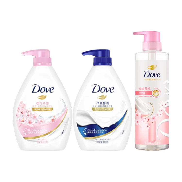 Набор для ухода и очищения кожи с увлажняющим эффектом Dove, Three-Piece Set: Milk Shower Gel 680g+Cherry Blossom Shower Gel 680g+Evening Cherry Soft and Fluffy Shampoo 470ml