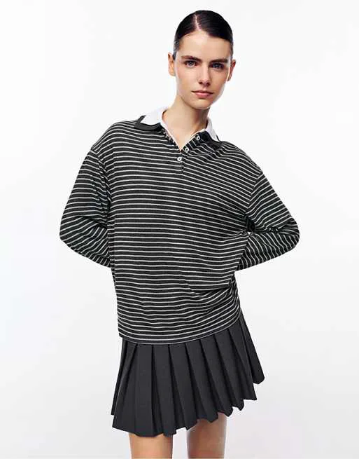 

Серая рубашка-поло в полоску с контрастным воротником Pull&Bear, Серый, Серая рубашка-поло в полоску с контрастным воротником Pull&Bear