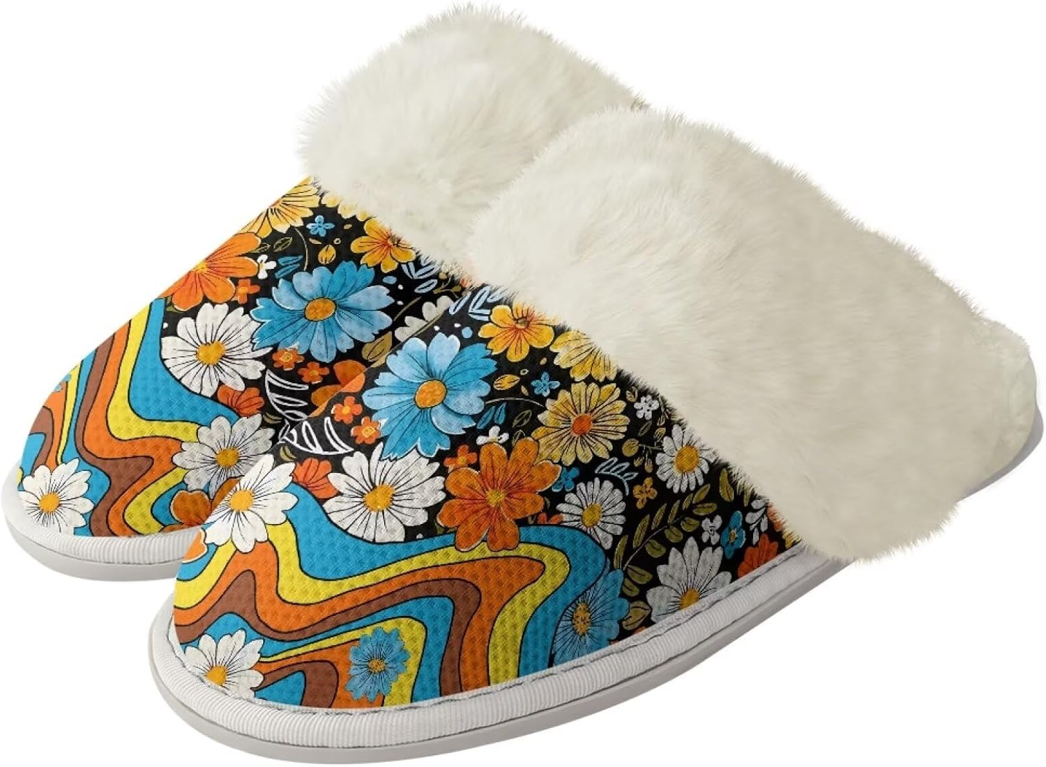 

Тапочки Glomenade для женщин и мужчин с отделкой из фланели, домашние туфли с памятью формы, закрытым носком и мягкой подошвой, для использования дома и на улице, Colourful Flower Leaves
