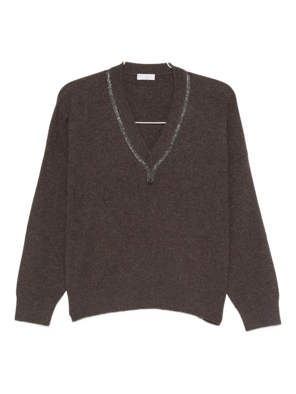 

Джемпер с украшенным V-образным вырезом Brunello Cucinelli, коричневый