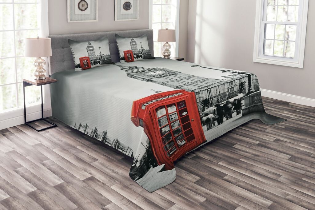 

ABAKUHAUS London Комплект покрывала, телефонная будка Big Ben, комплект с моющимися наволочками, для односпальных кроватей 264 x 220 см, серо-красный