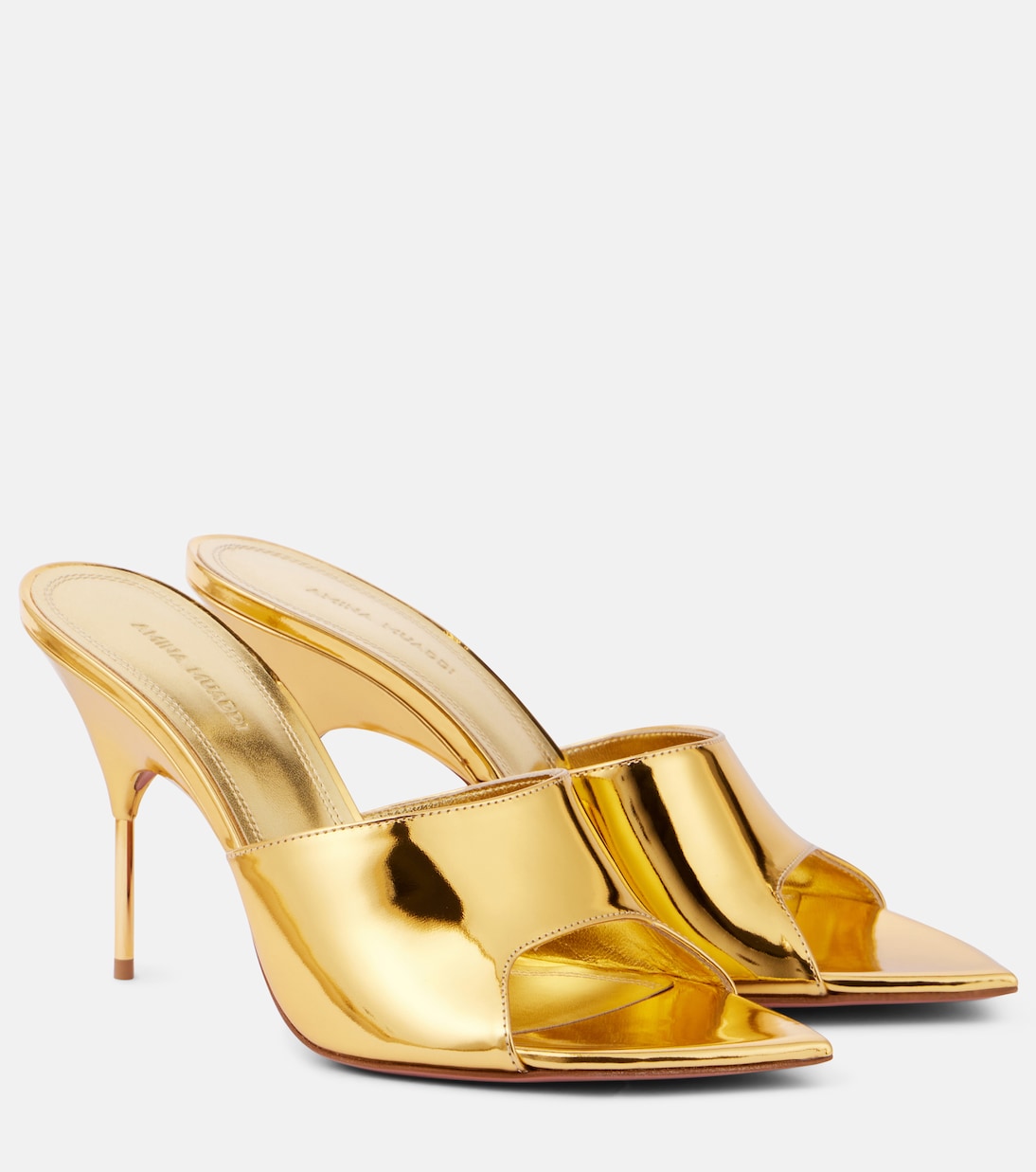 Мюли Bianca 95 из металлизированной кожи Amina Muaddi, Gold + Shiny Gold Heel