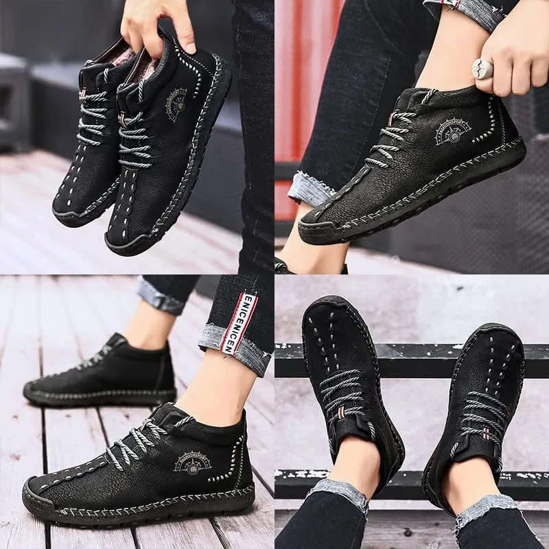 

Мужские кожаные ботинки Чака с утеплителем из плюша, ручная строчка, шнуровка, зимние ботинки с противоскользящей подошвой, ольстерские, для мотоцикла и прогулок ELSHTIDE, черный