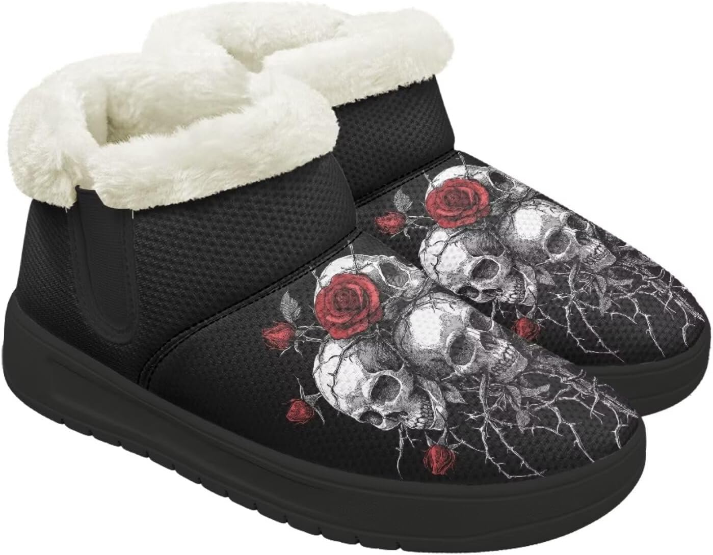 

Зимние ботинки Forchrinse для женщин и мужчин, с меховой подкладкой, уютные теплые ботильоны для прогулок, Skull Rose Print