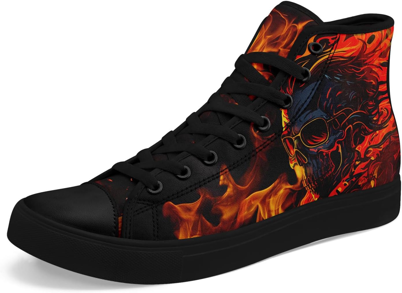 

Модные готические кроссовки с черепом и огненным рисунком на высоком холщовом верхе для мужчин и женщин, стильные и удобные, унисекс, на шнуровке, плоские, для повседневной ходьбы Coolcustomize, черный/красный/оранжевый/серый