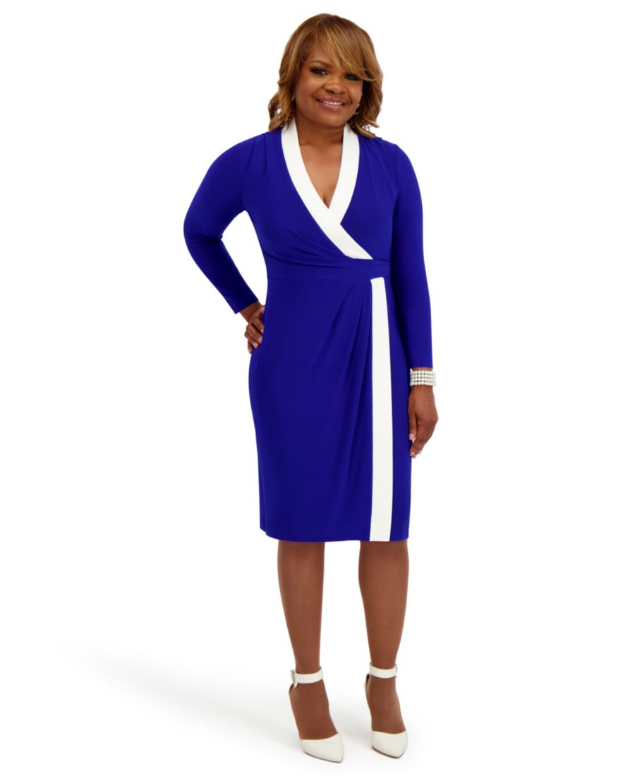 

Женское платье-халат с V-образным вырезом в городском стиле Kasper, Royal Sig/ White