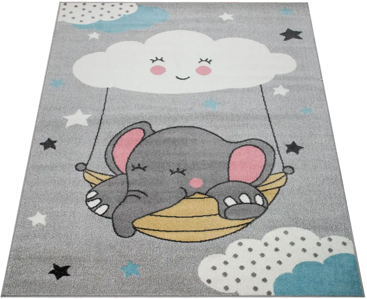 

Детский ковер Paco Home "Nino 881", прямоугольный, игровой коврик, короткий ворс, мотив облака, звезд и слонов, детская комната 240х340 см, серый