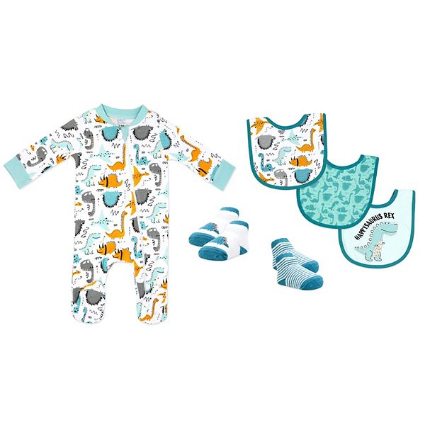 

Комплект для мальчика: пижама с ножками, слюнявчик и носки Baby Mode