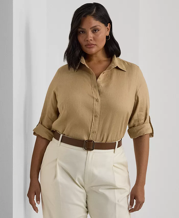 

Женская рубашка Plus Size с подкатанными рукавами из 100% льна Lauren Ralph Lauren, коричневый/бежевый