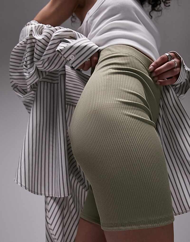 

Короткие леггинсы цвета хаки скинни в рубчик Topshop