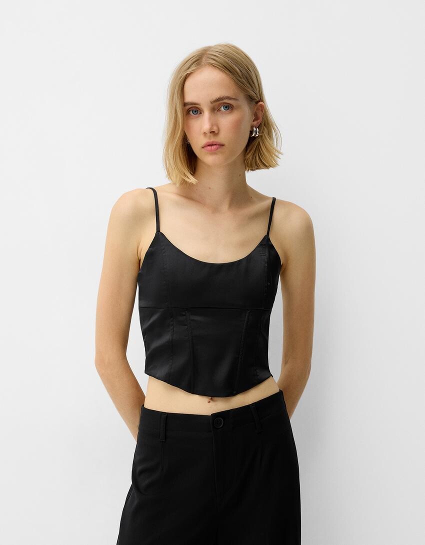 

Атласный корсетный топ Bershka, черный