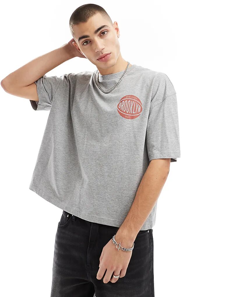 

Свободная футболка oversize с принтом Бруклина на спине серого меланжевого цвета ASOS DESIGN