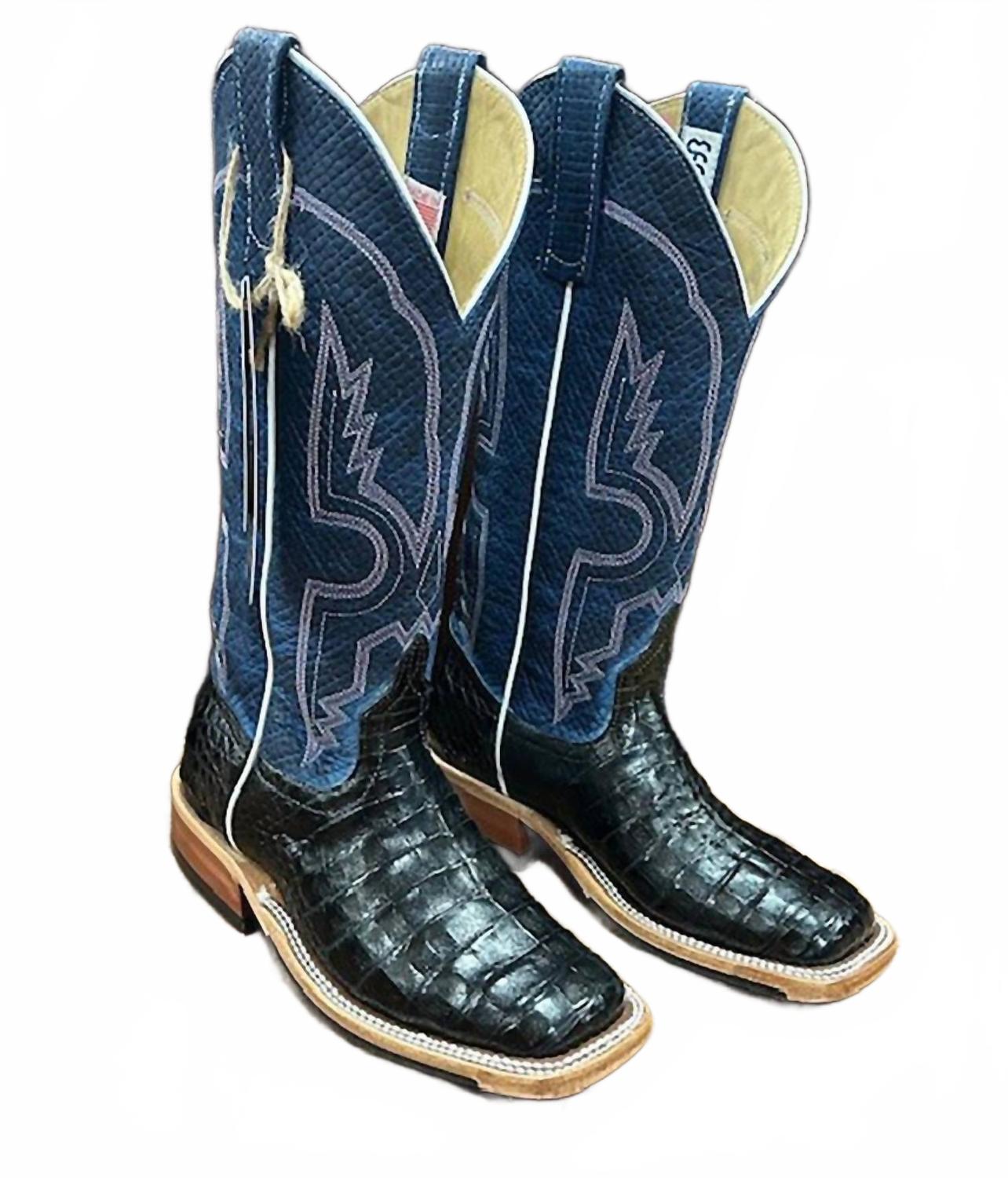 Женские ковбойские сапоги Custom Exotic из кожи каймана, черные с синим узором Chex Anderson Bean Boots