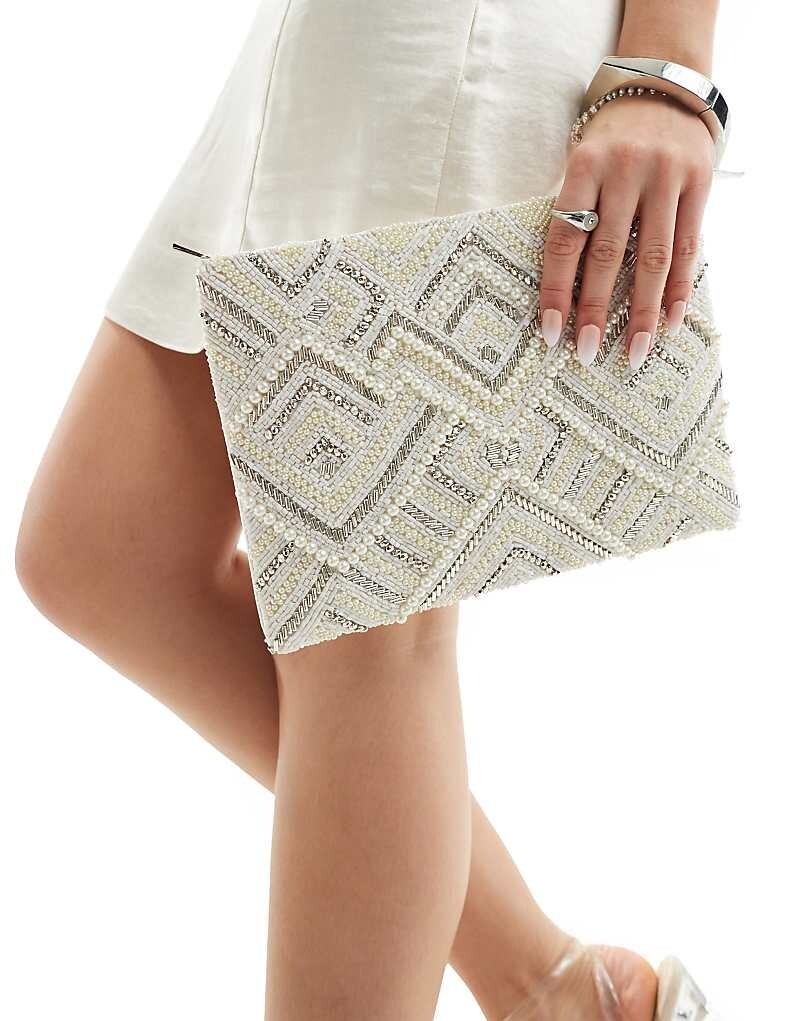 

Белый клатч ASOS DESIGN – с жемчужной отделкой и застежкой-молнией сверху