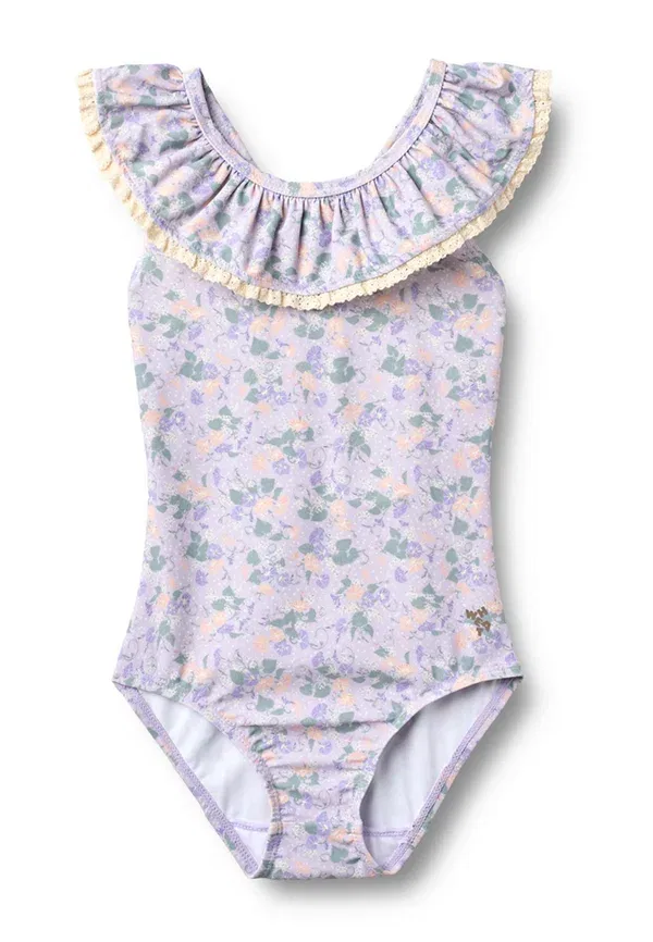 Купальник Doris swimsuit, цвет пшеничный с фиолетовыми петуниями