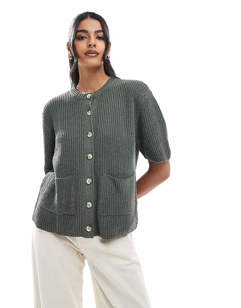

Вязаный кардиган ASOS DESIGN с накладными карманами цвета хаки