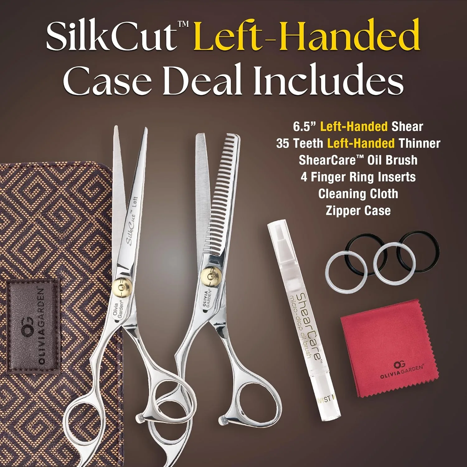 Набор для начинающих Olivia Garden SilkCut Shears - включает профессиональные ножницы для стрижки волос, филировочную машинку, футляр и аксессуары - острые как бритва ножницы для левшей 6.5" для левшей (модель SKC05LH), Silver — фото 2