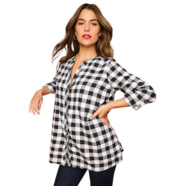 

Женская блузка в клетку из фланели с защипами, plus size Roaman'S, Black White Check