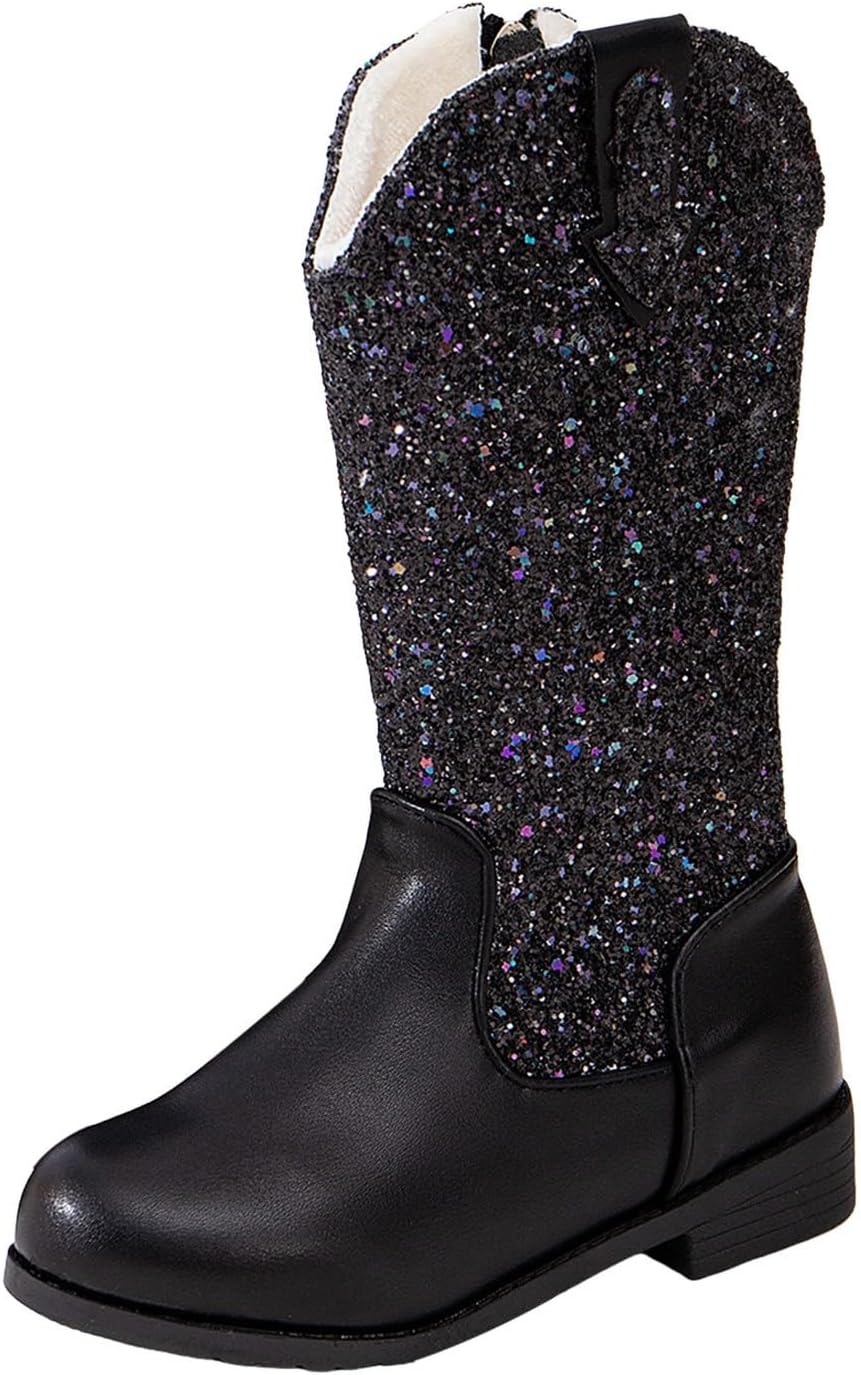 

Детские сапожки IWIHMIV для девочек, ковбойские сапоги средней длины, удобные западные сапоги с мягкой подошвой, теплые длинные сапожки, Black