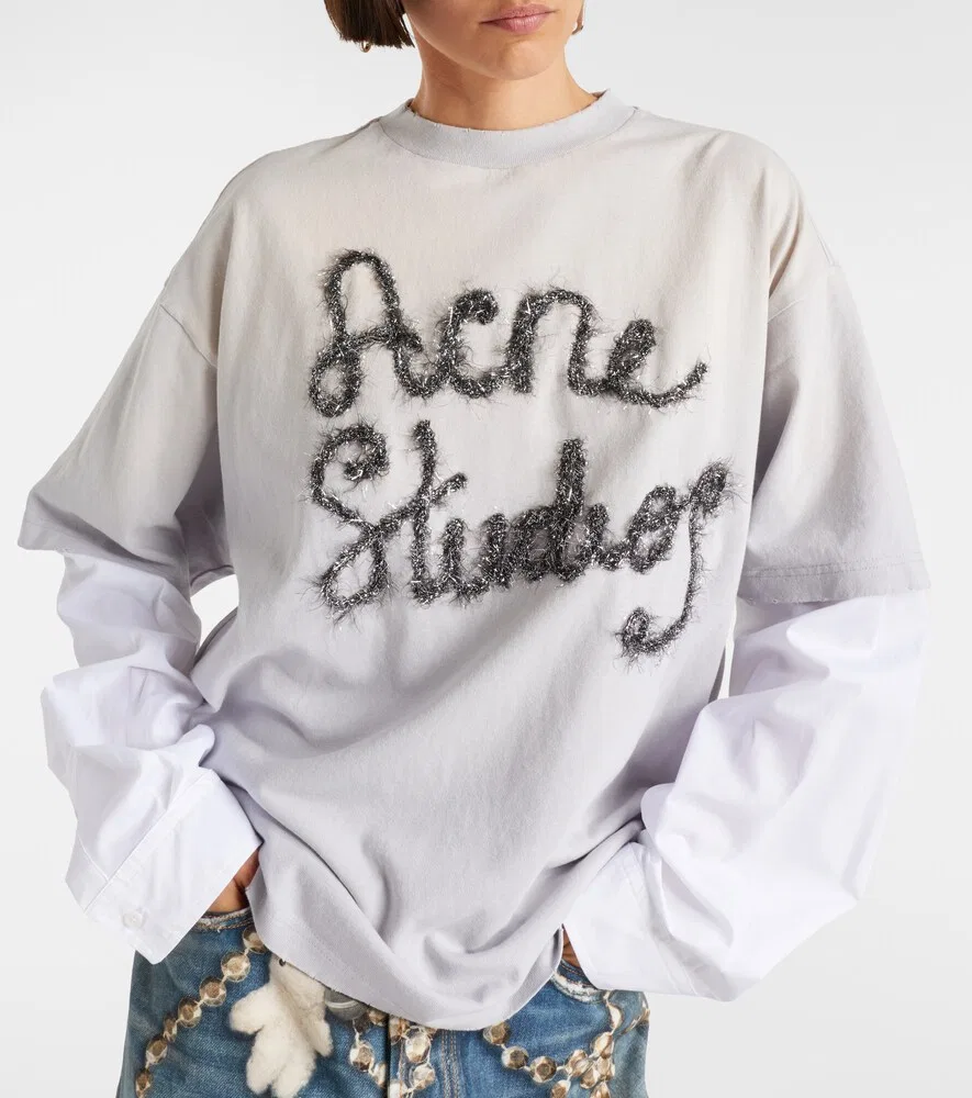 Многослойная хлопковая футболка Edra Acne Studios, серый — фото 3