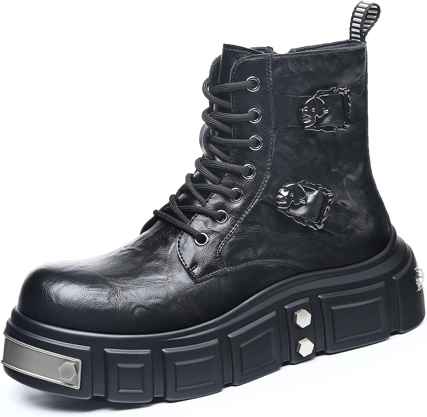

Мужские кожаные готические панк-бутсы на щиколотку с комфортным круглым носком, шнуровкой, боковой молнией и платформой, боевые ботинки для концертов, фестивалей, вечеринок и повседневного дерзкого стиля Eggdk, черный