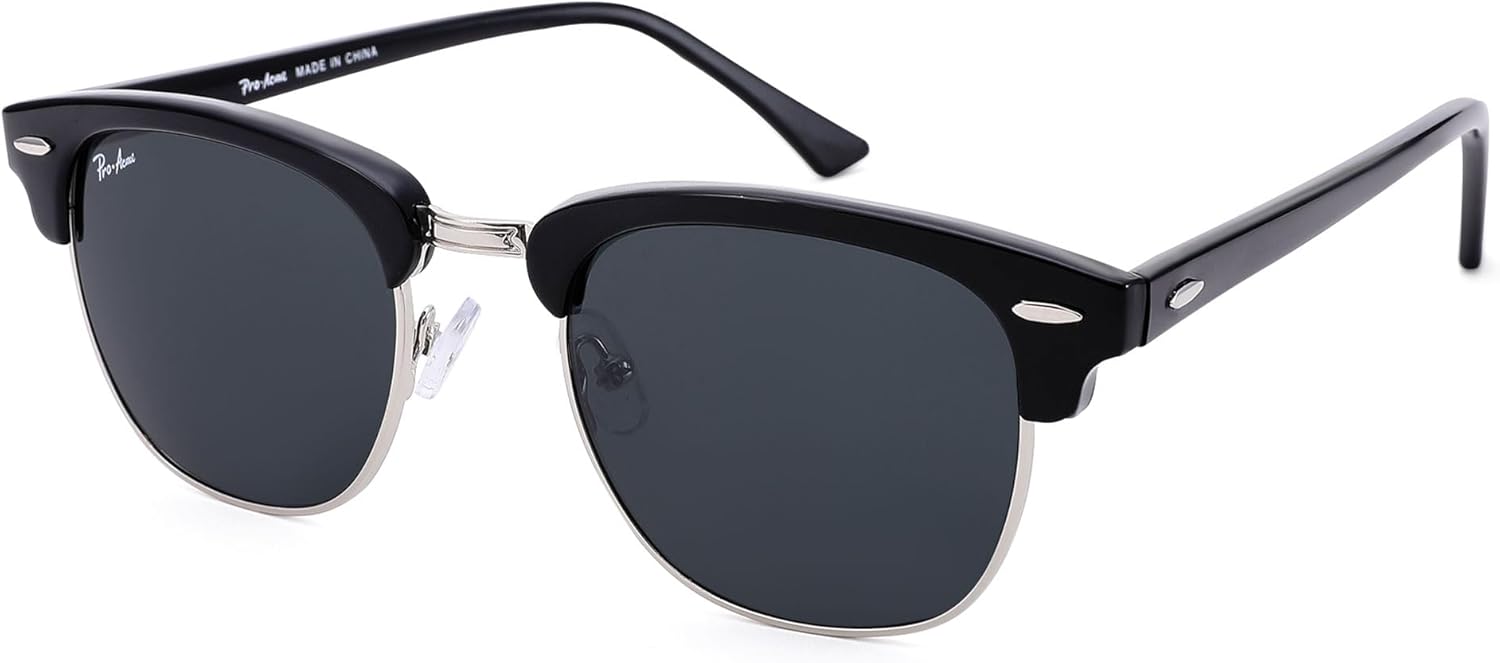 

Солнцезащитные очки Pro Acme UV400 полуободковые квадратной формы для мужчин и женщин - 100% настоящие стеклянные линзы, антибликовое покрытие для вождения, A06 Black Silver Frame/Grey Lens