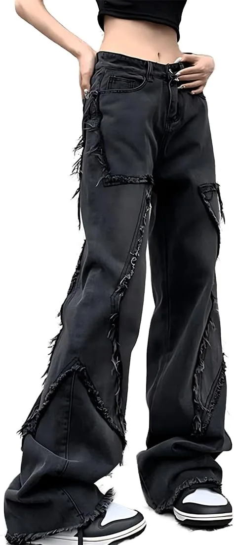 

Джинсы Harajuku Y2K Kawaii Gothic с прямыми широкими штанинами и звездной отделкой RILGOU