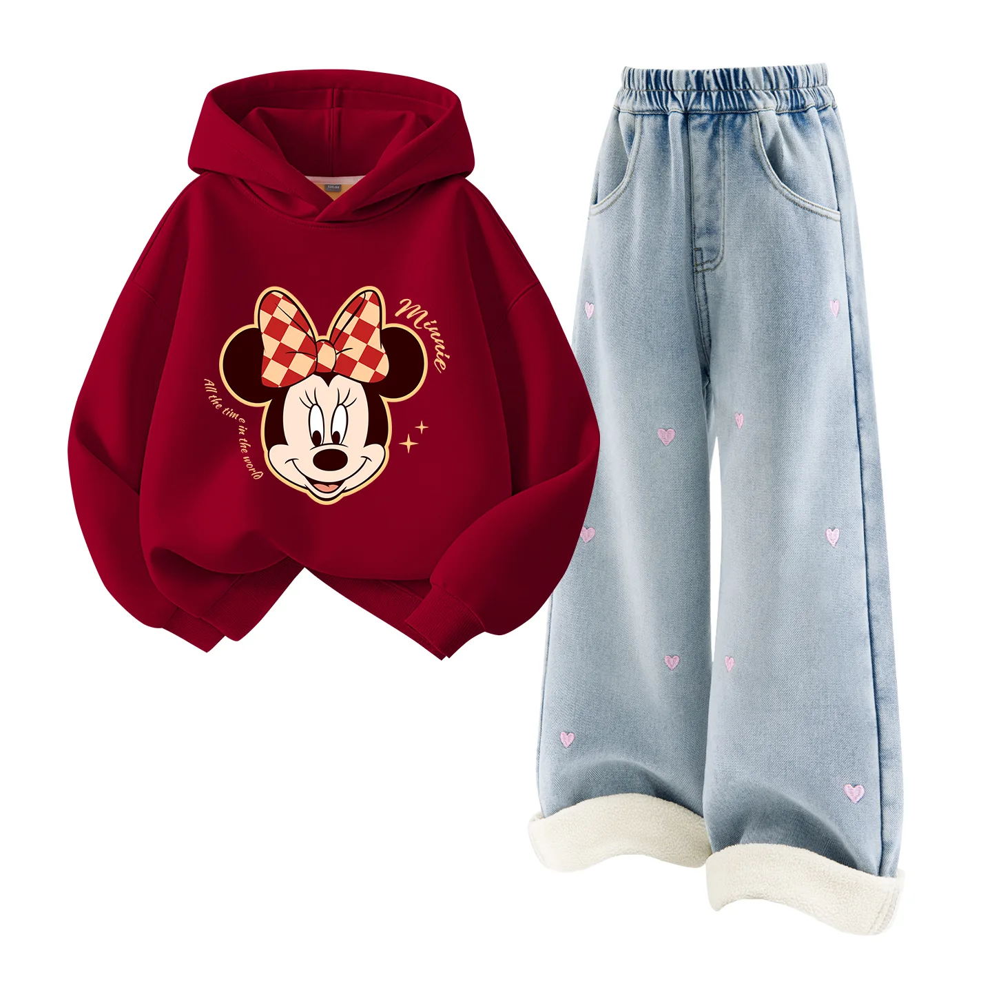 Детская повседневная худи на флисе Disney, [Thickened and Fleece-Lined]Dini Star Burgundy+Solid Color Denim Light Blue