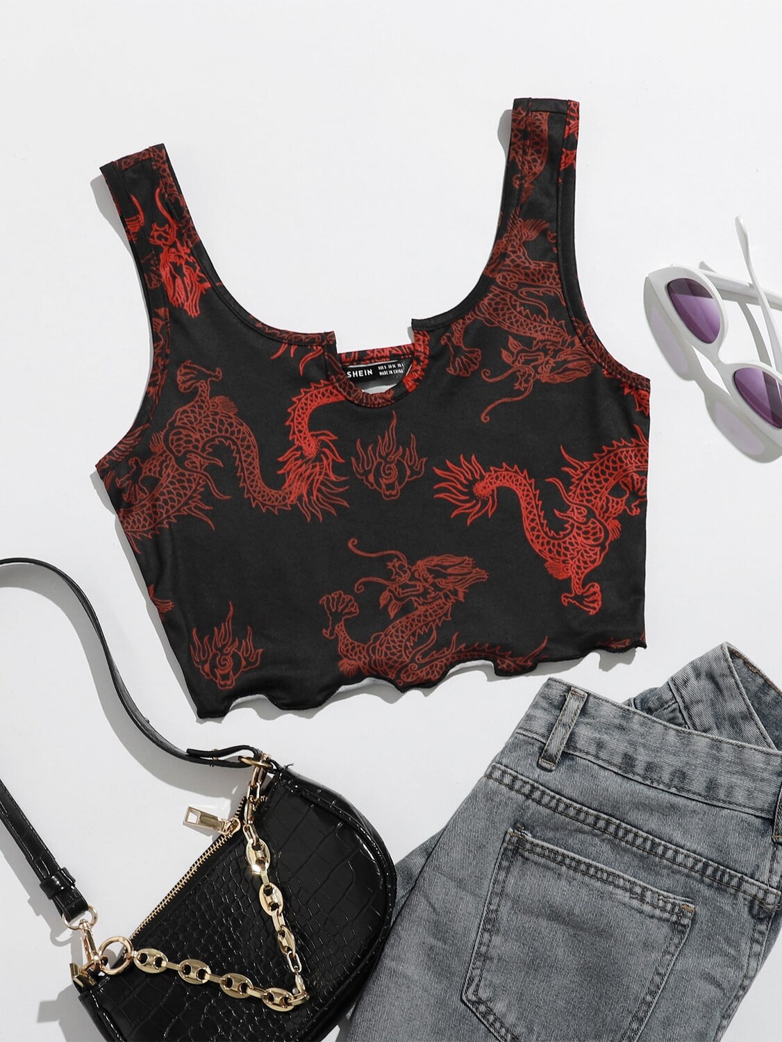 

SHEIN EZwear короткая майка, неровные края, принт дракона, черный цвет