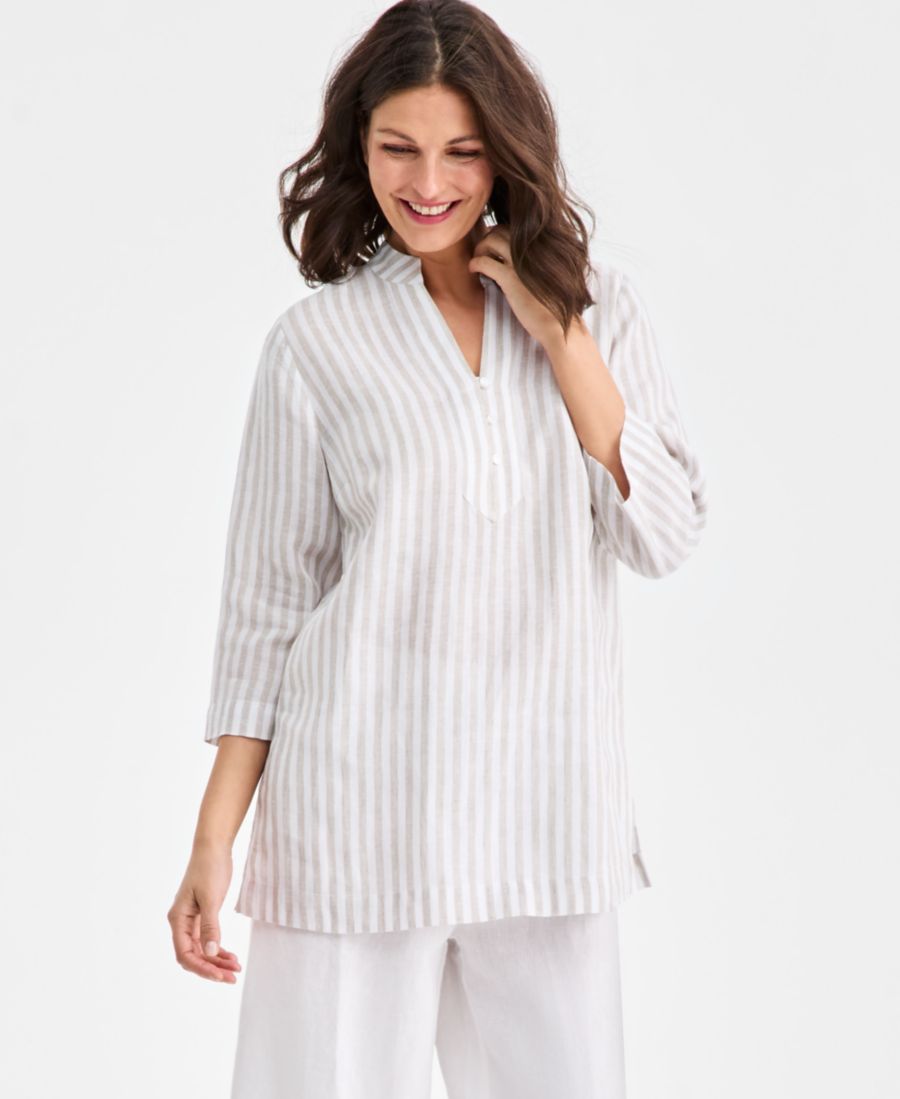 

Женская туника в полоску с рукавами 3/4 из 100% льна Charter Club, Stripe Flax