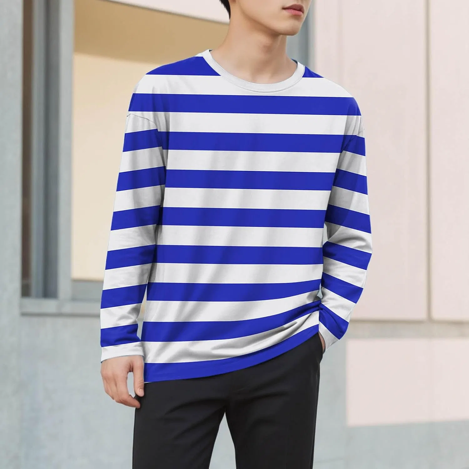 Футболка с длинным рукавом, полосатая, Basic Breton Basque Border Shirt, синий — фото 2