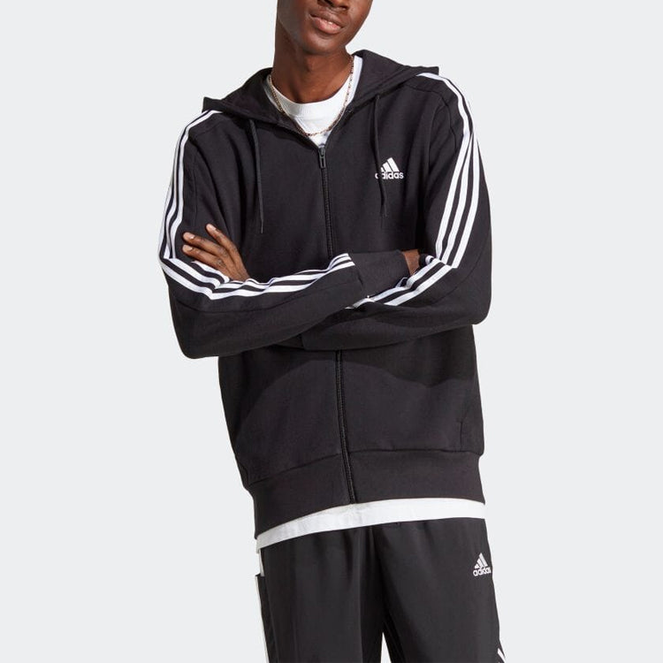 Худи adidas French Terry 3-Stripes Full-Zip Hoodie 'Black White', черный — фото 2
