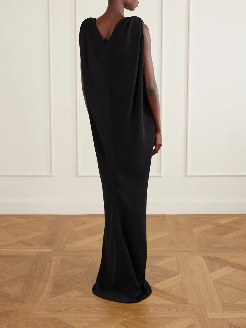 Длинное платье из креповой ткани, смесовой шелк и шерсть, с драпировкой BALENCIAGA, черный — фото 3