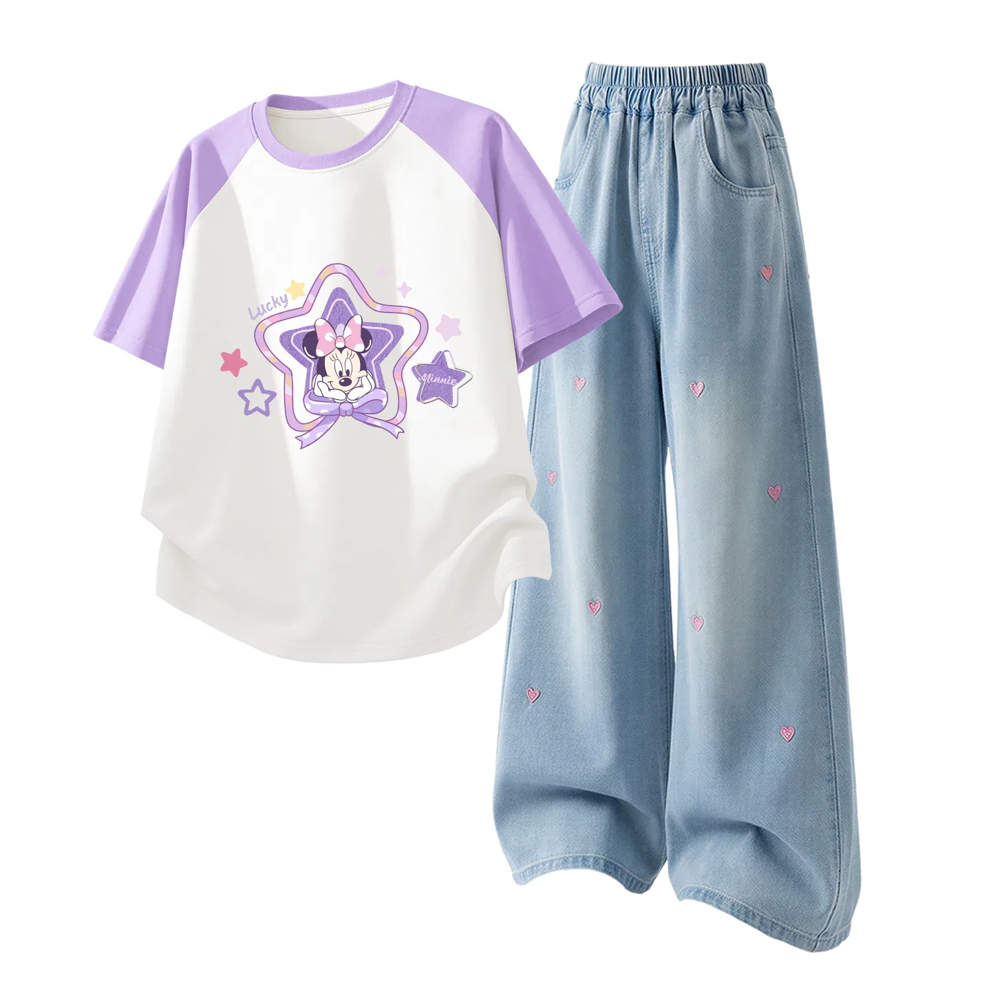 Детская повседневная спортивная футболка с круглым вырезом Disney, Didi Star K Purple White+Solid Color Denim Light Blue