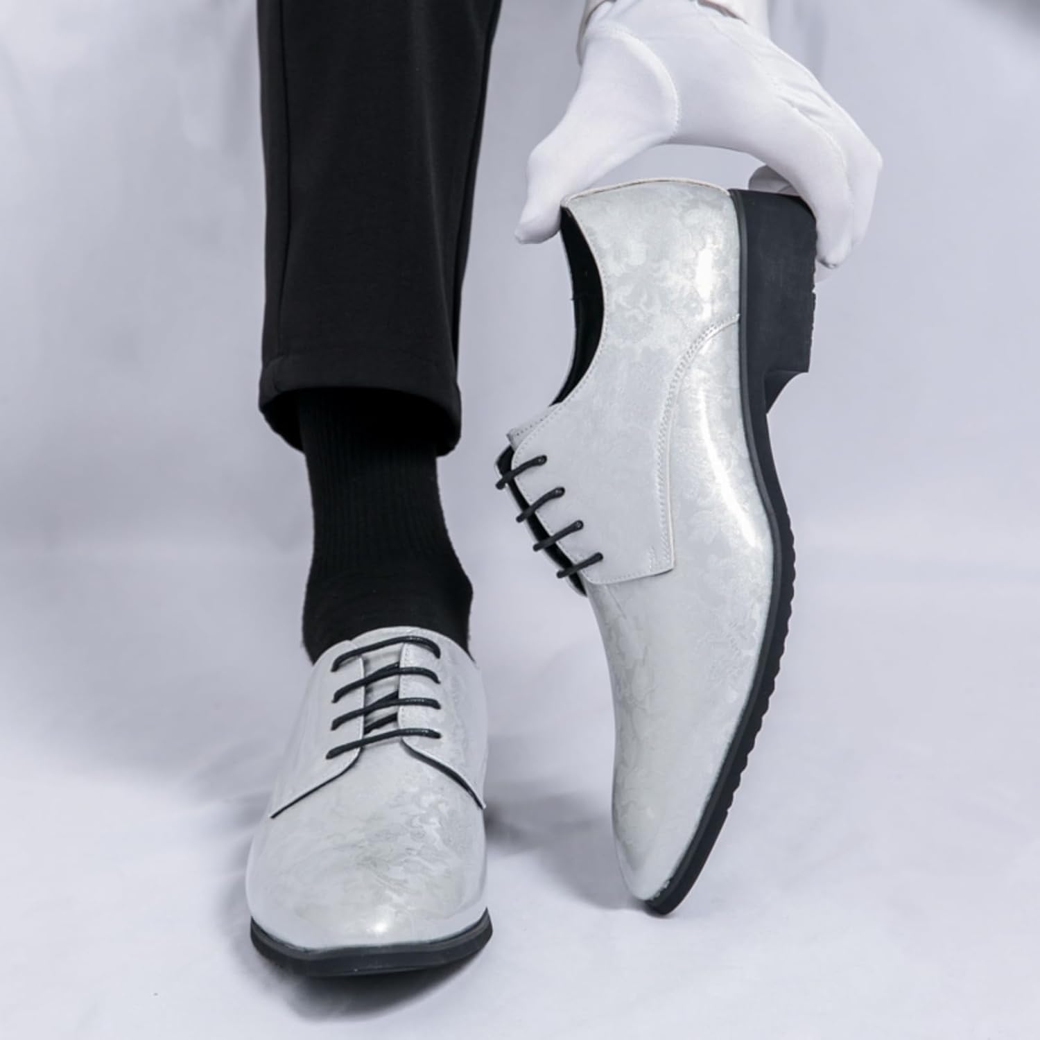 Мужские ретро туфли Oxfords из лакированной кожи с принтом, шнуровкой, низким верхом, заостренным носком, с нескользящей подошвой и массивным каблуком, повседневные туфли Dreby для официальных мероприятий, бизнеса и свадеб Boaobaihuo, белый — фото 2