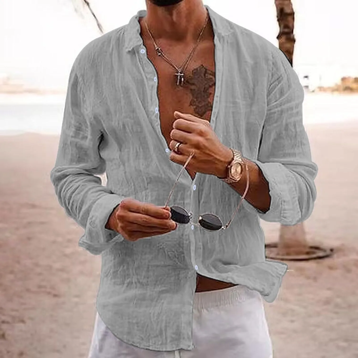 Мужская рубашка с длинным рукавом Slim Fit Casual на пуговицах для стильных образов и комфорта Generic, серый — фото 2