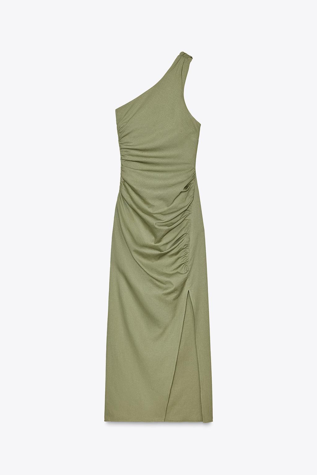 

Асимметричное платье миди из льна ZARA, цвет mid khaki