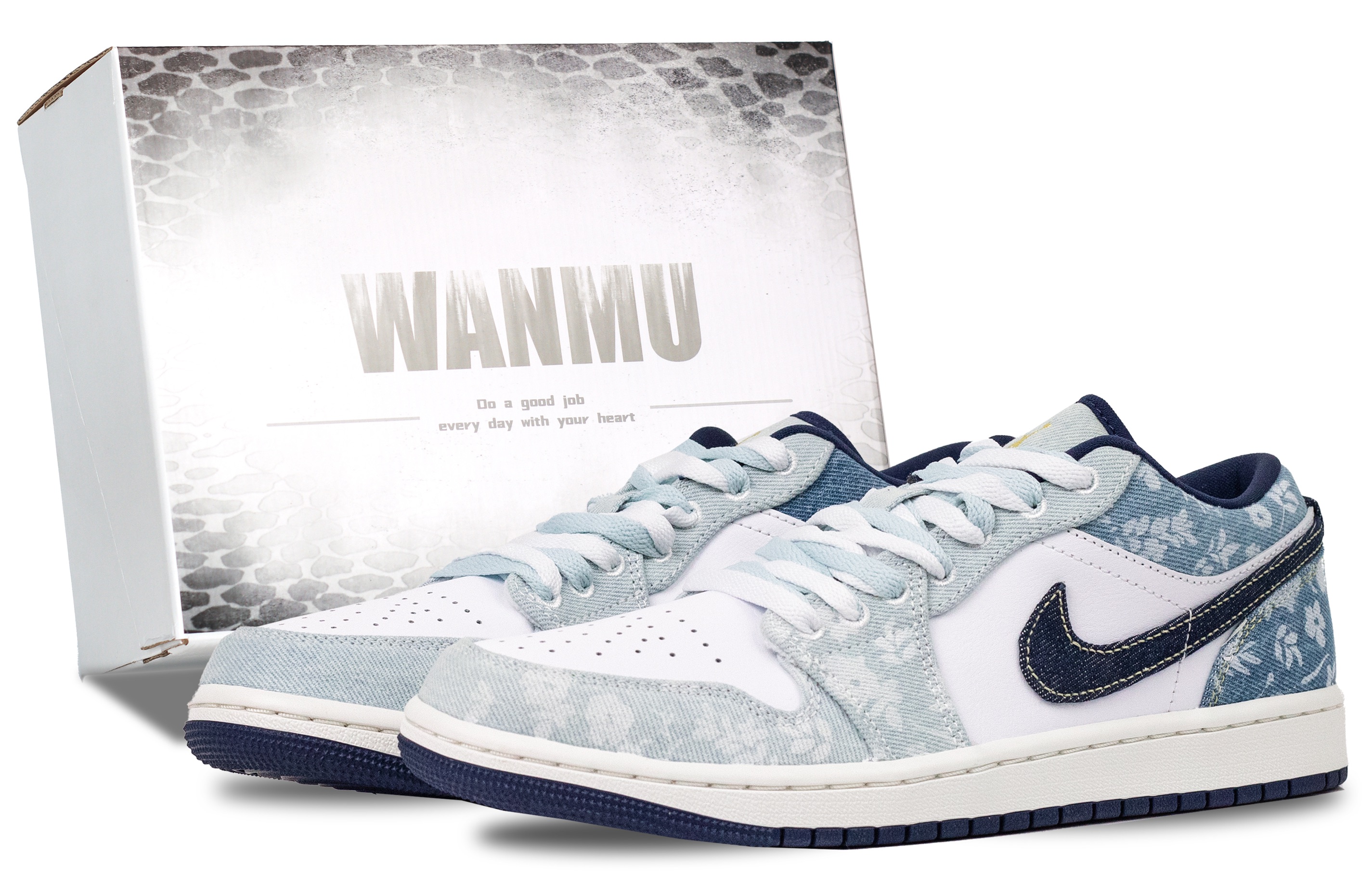 

Jordan Баскетбольные кроссовки Air 1 Monogram Denim с антискользящим покрытием, износостойкие, низкие, винтажные, мужские, белые, синие