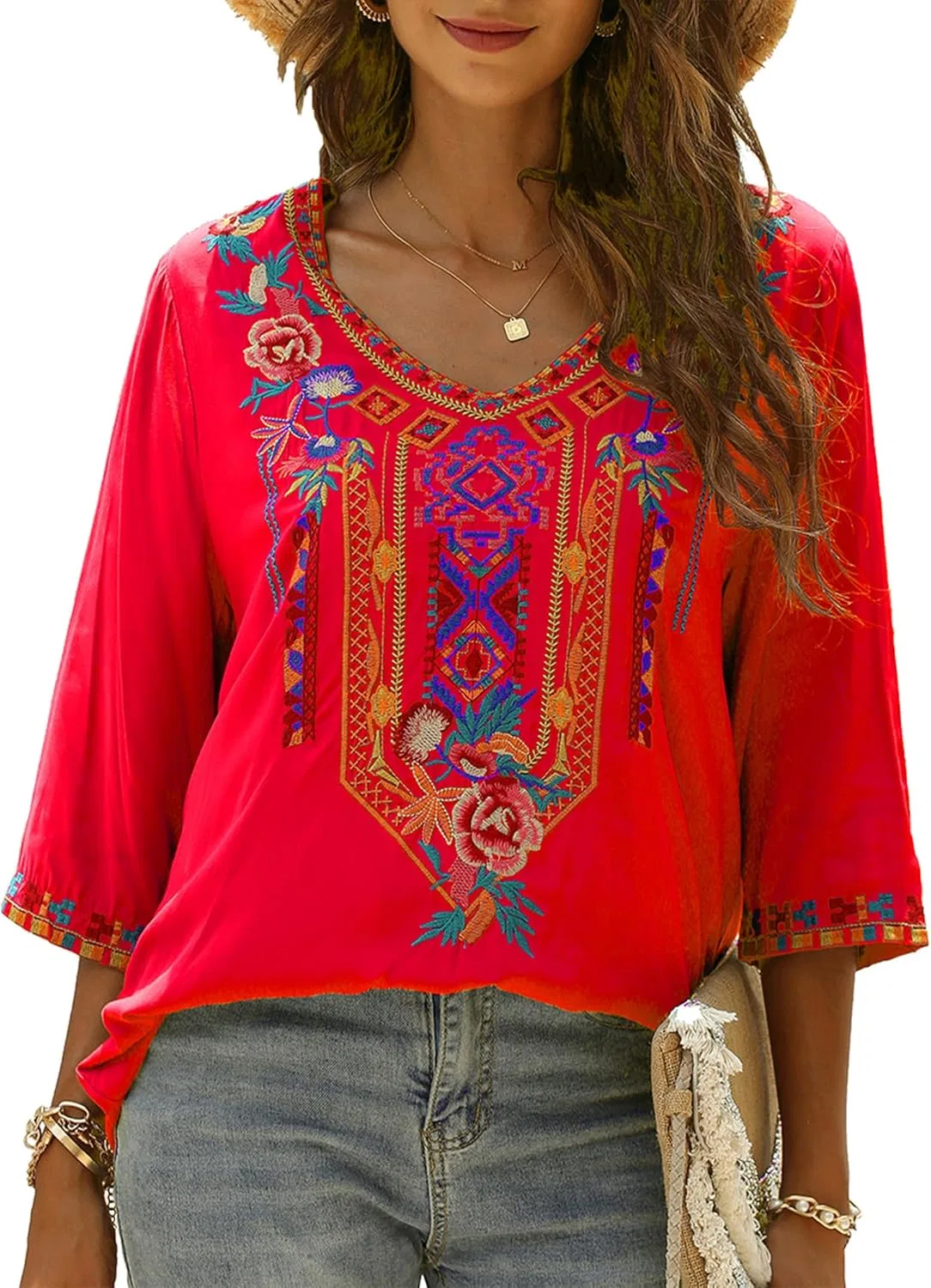 Блуза с цветочной вышивкой, Peasant Top, красный — фото 2