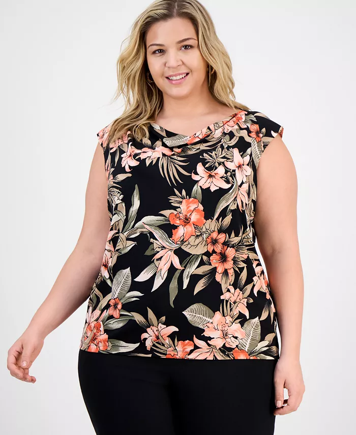 

Женский трикотажный топ с капюшоном и короткими рукавами Plus Size с принтом Kasper, черный