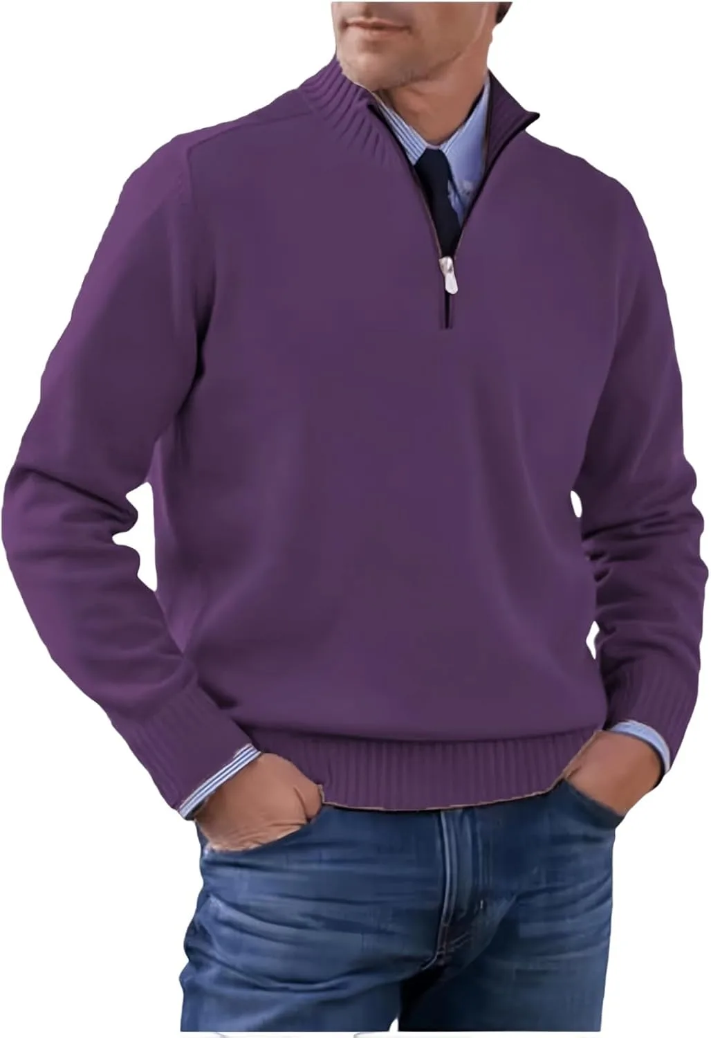 

Мужской свитер с четвертью молнии, кабельная вязка, однотонный, slim fit Wankang