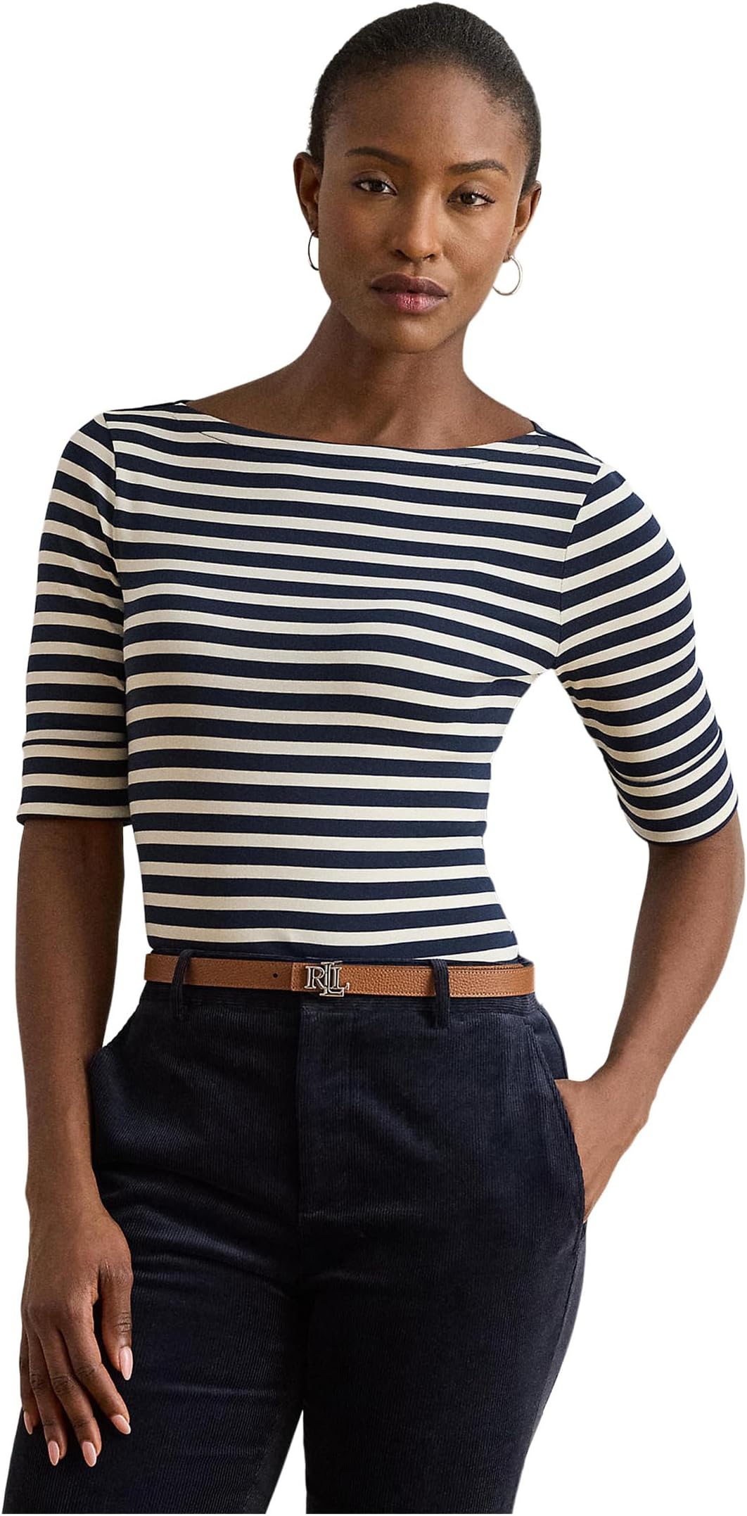 

Футболка Lauren Ralph Lauren Petite Striped Stretch Cotton Boatneck Tee, цвет Lauren Navy/Mascarpone Cream