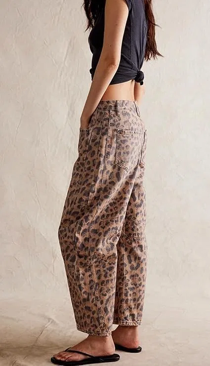 Джинсы с принтом, Leopard Print-a, Women's Floral Print Barrel Jeans Trendy Low Waisted Wide Leg Barrel Jeans Y2K Baggy Floral Print Pants — фото 4