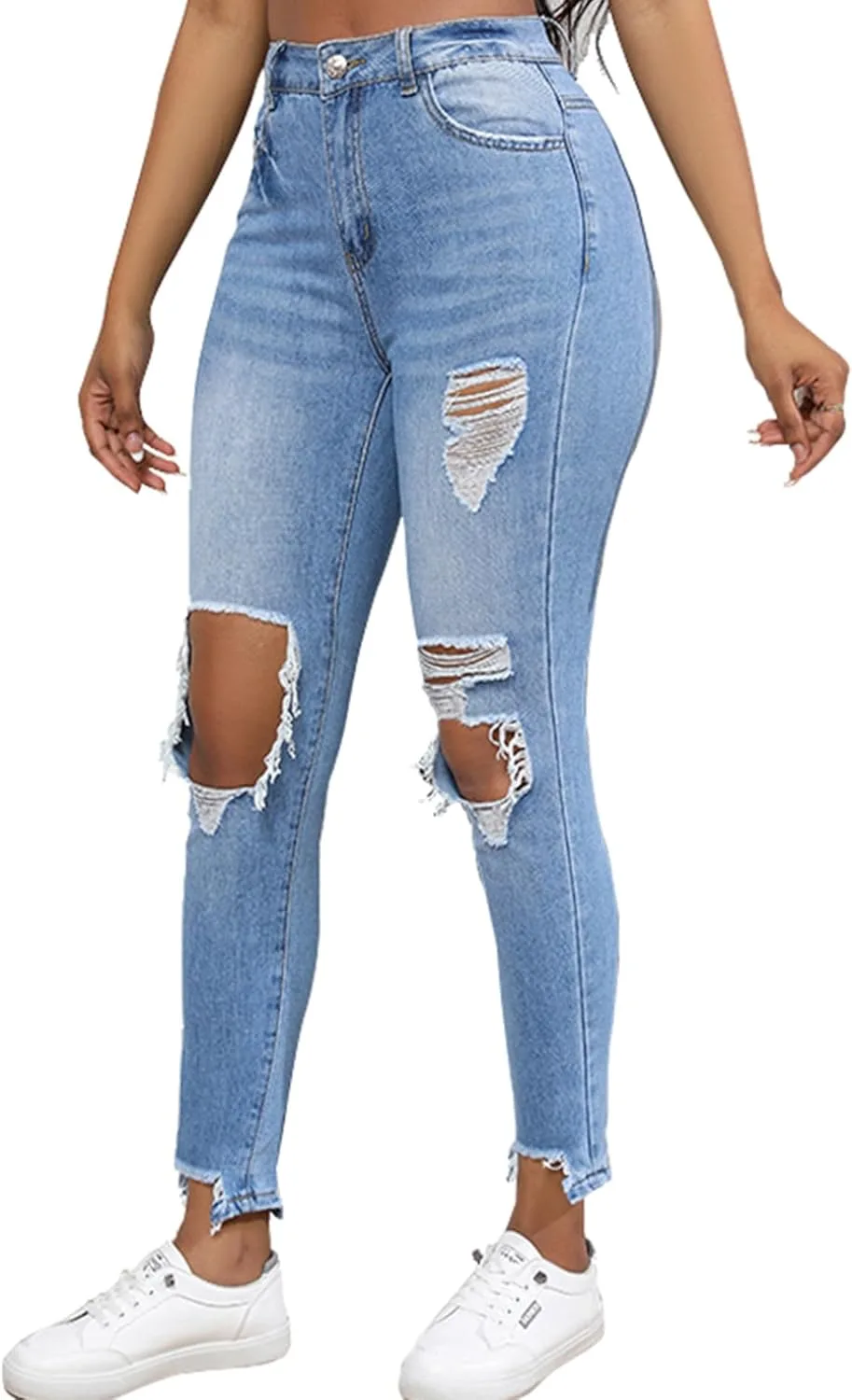 

Sexyshine женские джинсы с высокой талией, рваные, с дырками на коленях, бахромой и необработанным краем