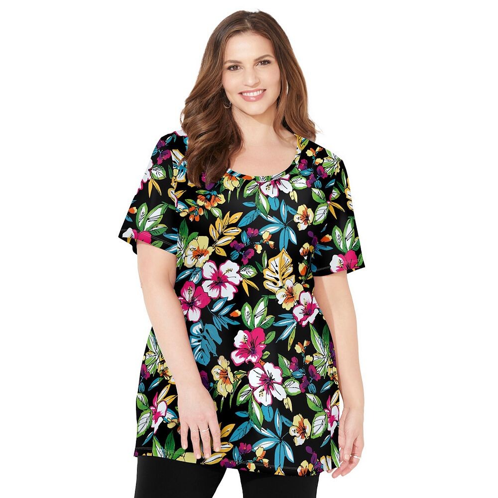 

Женская футболка размера плюс с короткими рукавами и круглым вырезом Catherines Easy Fit, цвет Black Multi Tropical