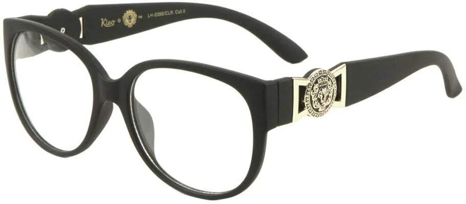 

Роскошные солнцезащитные очки Kleo с увеличенным золотым медальоном в виде головы льва и прозрачными линзами в форме кошачьего глаза, Matte Black & Gold Frame