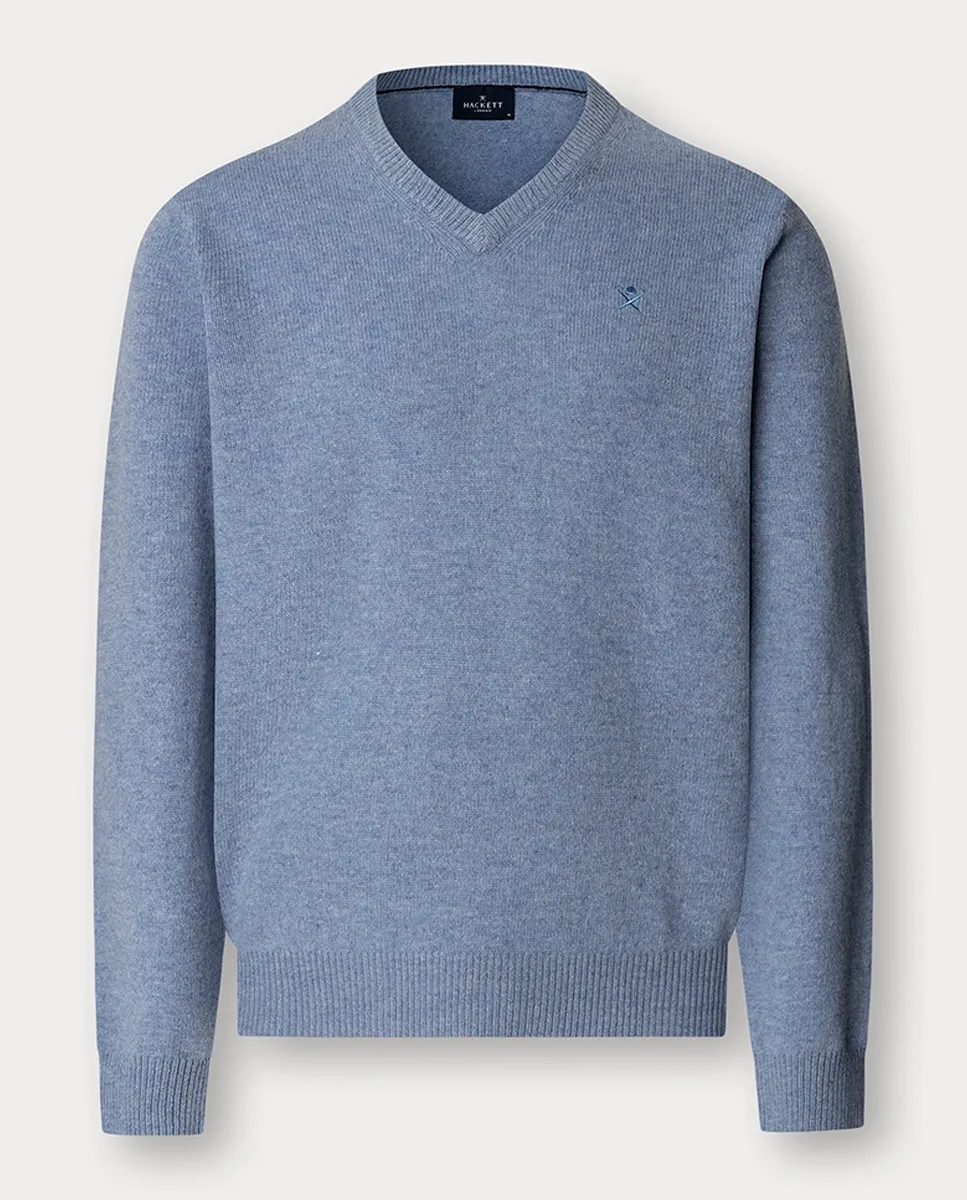 

Мужской однотонный джемпер с V-образным вырезом и вышитым логотипом Hackett, светло-голубой