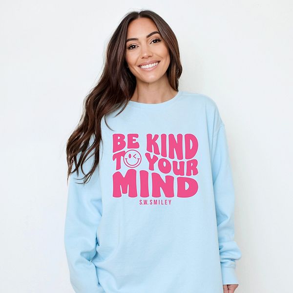 

SWSmiley be kind to your mind outline - женский свитшот с принтом, окрашенный в стиле garment dyed Simply Sage Market, Chambray