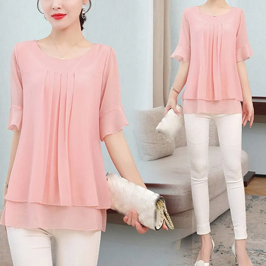Блуза шифоновая с воланами белая Chiffon Blouse White, бренд, цвет розовый — фото 4