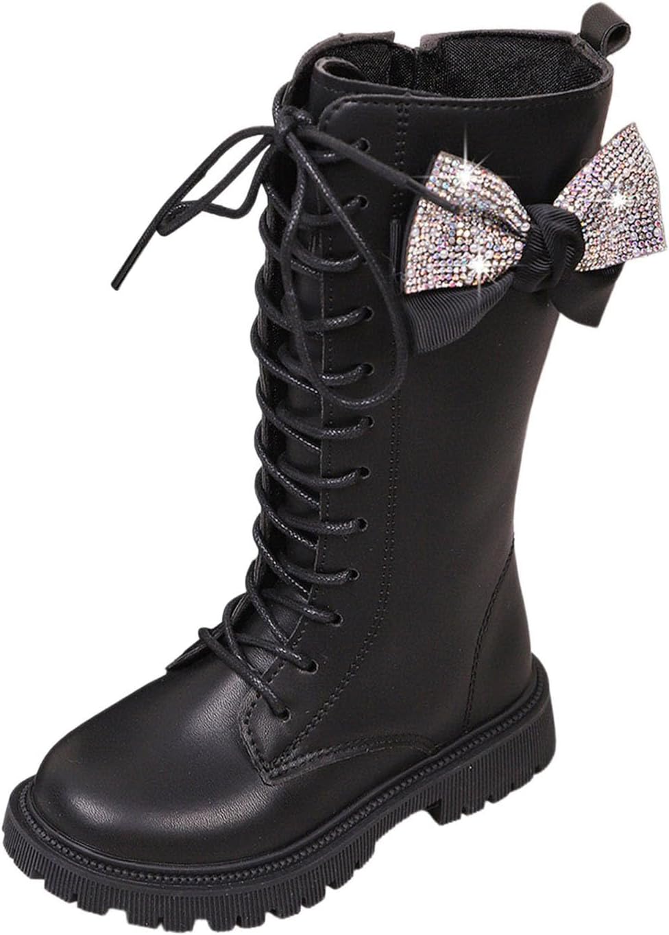 

Generic Детские сапоги для девочек до колена, с молнией и шнуровкой, боевые сапоги 2025 года, модные кожаные школьные сапоги, панк-готика, белые ботильоны, на возраст 4-12 лет